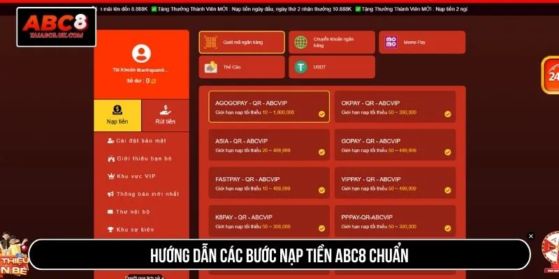 Hướng dẫn các bước nạp tiền ABC8 chuẩn